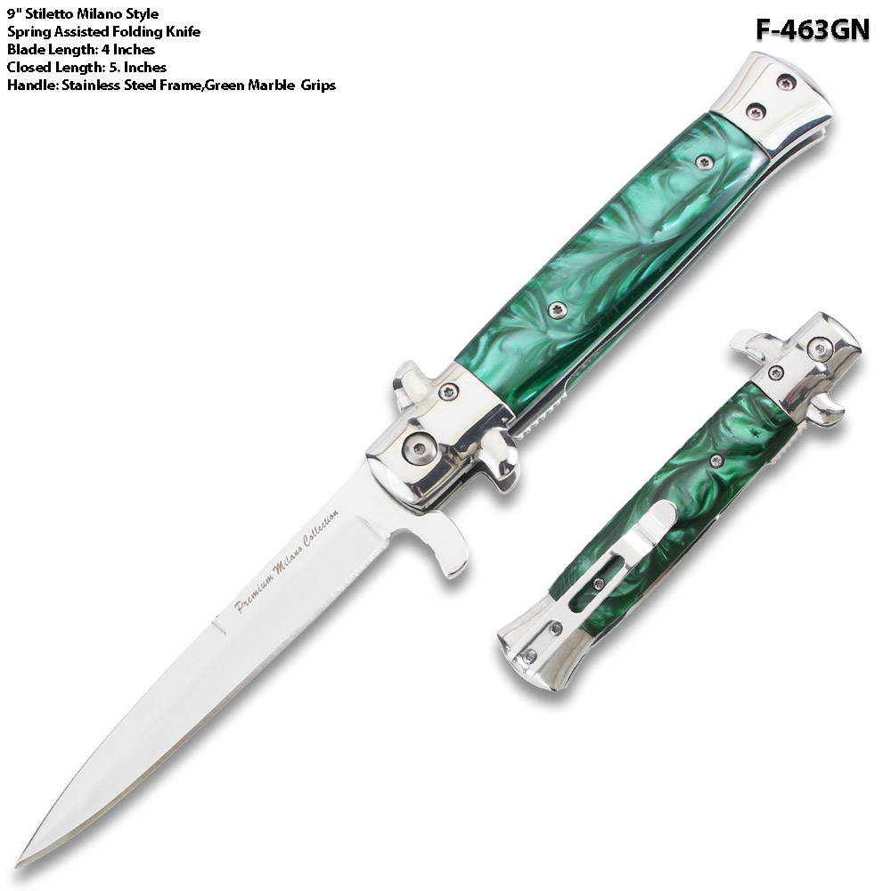 9"Premium Stiletto Milano Style Spring Assisted Marble Green Handle