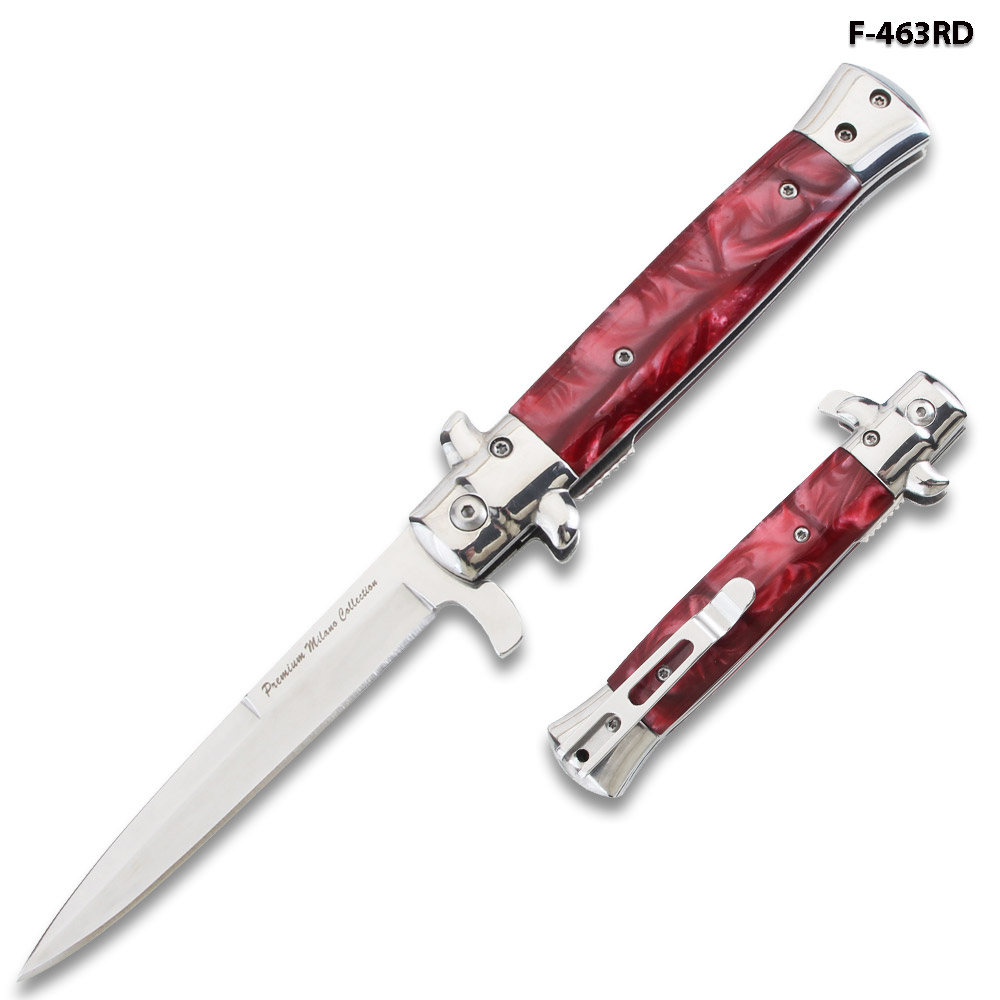 9"Premium Stiletto Milano Style Spring Assisted Marble Red Handle