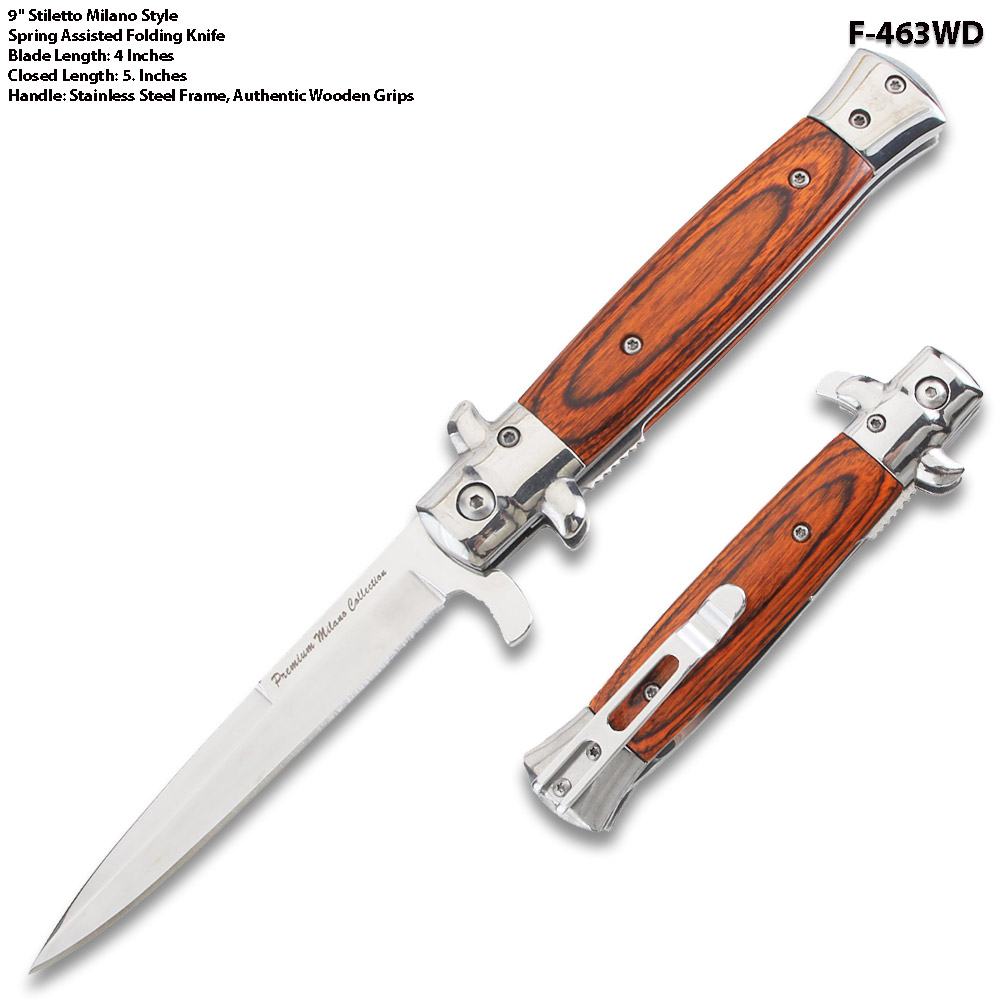 9" Premium Stiletto Milano Style Spring Assisted Wood Handle