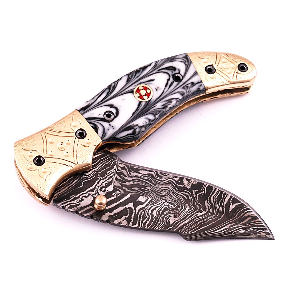 White Deer Executive Series White & Black Damascus Folding Knife