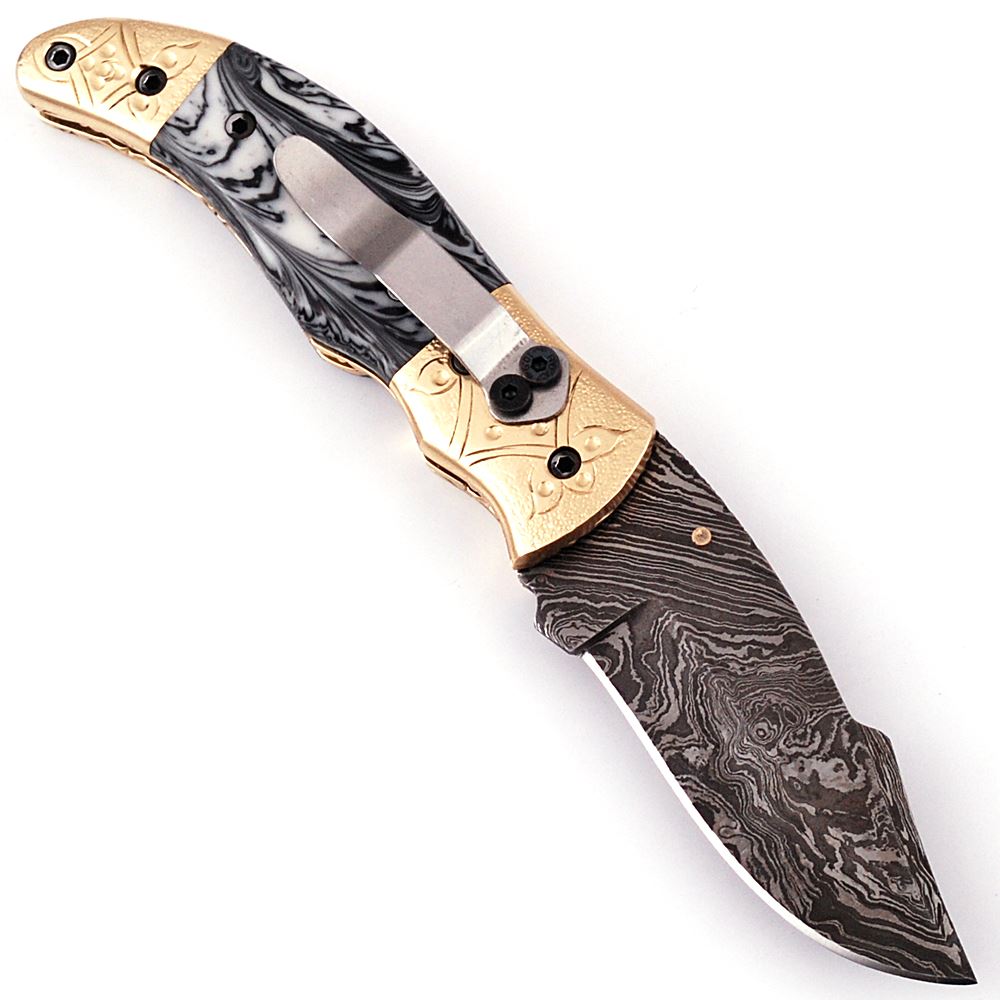 White Deer Executive Series White & Black Damascus Folding Knife
