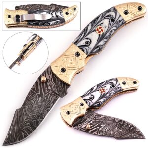 White Deer Executive Series White & Black Damascus Folding Knife