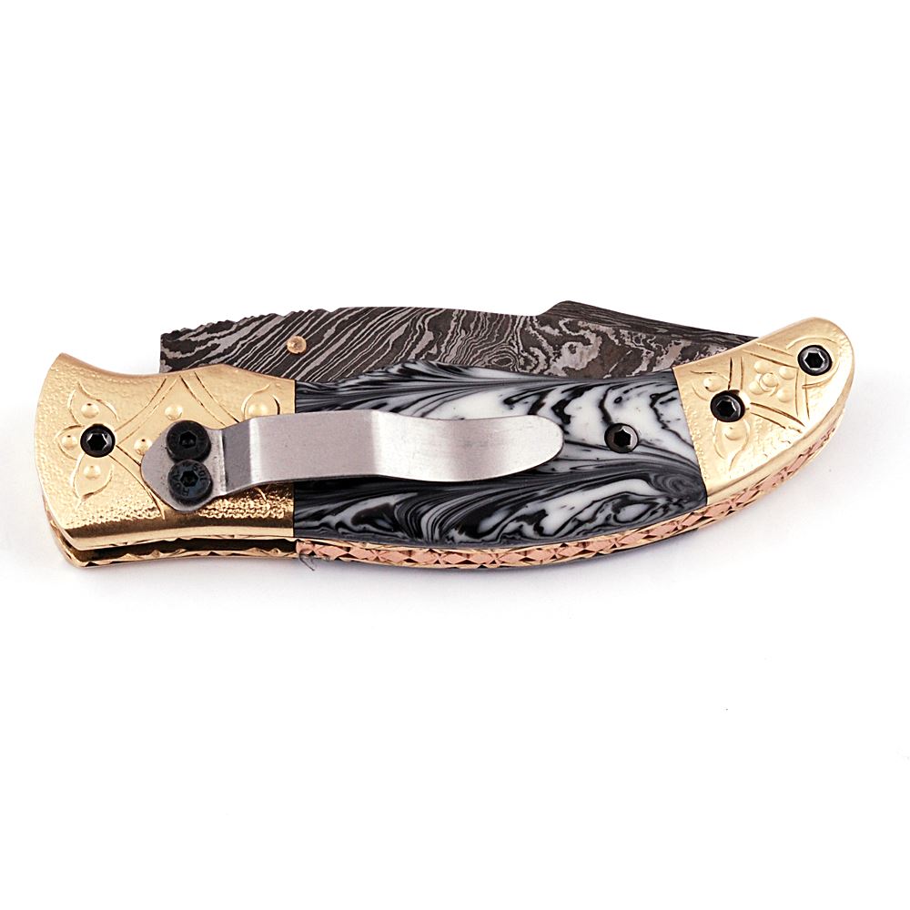 White Deer Executive Series White & Black Damascus Folding Knife