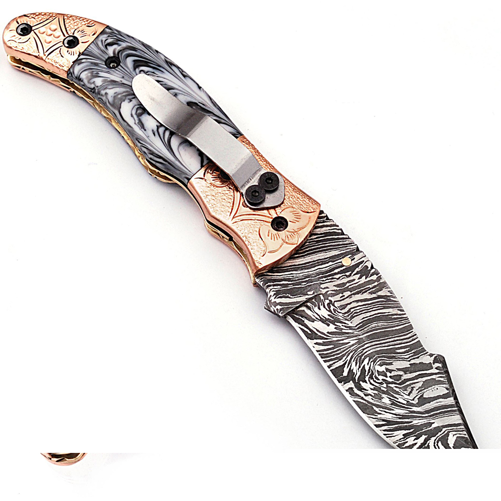 White Deer Executive Black & White Marble Series Damascus Folding Knife Brass & Copper File work