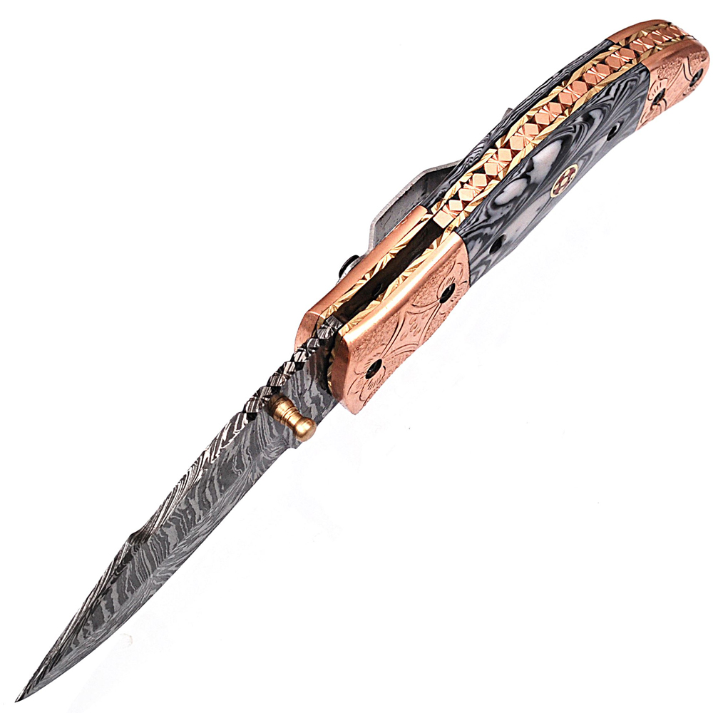 White Deer Executive Black & White Marble Series Damascus Folding Knife Brass & Copper File work