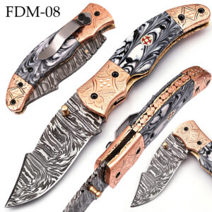 White Deer Executive Black & White Marble Series Damascus Folding Knife Brass & Copper File work