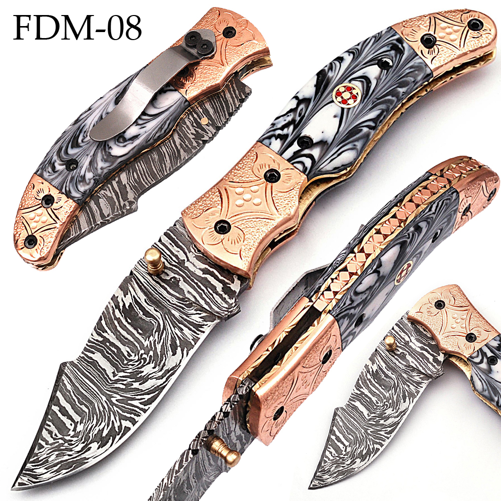 White Deer Executive Black & White Marble Series Damascus Folding Knife Brass & Copper File work