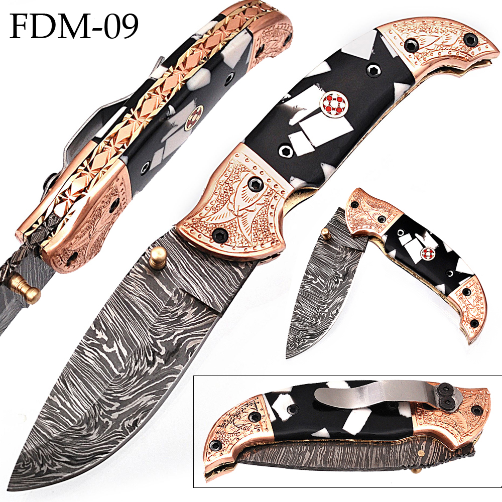 White Deer Executive Zebra Series Damascus Folding Knife Brass & Copper File work