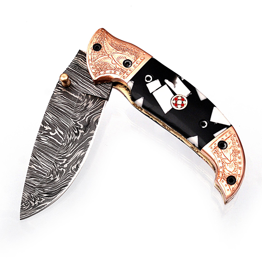 White Deer Executive Zebra Series Damascus Folding Knife Brass & Copper File work