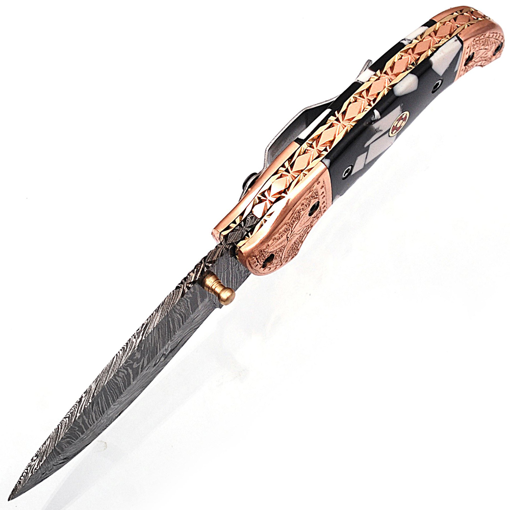 White Deer Executive Zebra Series Damascus Folding Knife Brass & Copper File work