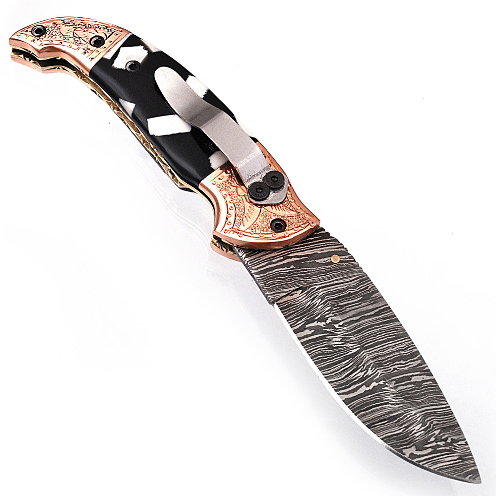 White Deer Executive Zebra Series Damascus Folding Knife Brass & Copper File work