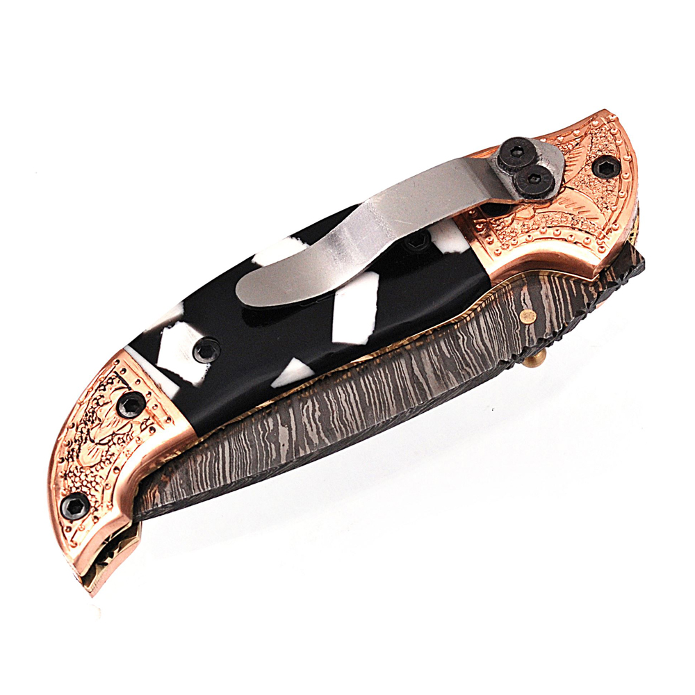 White Deer Executive Zebra Series Damascus Folding Knife Brass & Copper File work