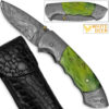 White Deer Folding Damascus Knife Green Colorized Camel Bone Grips