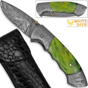 White Deer Folding Damascus Knife Green Colorized Camel Bone Grips