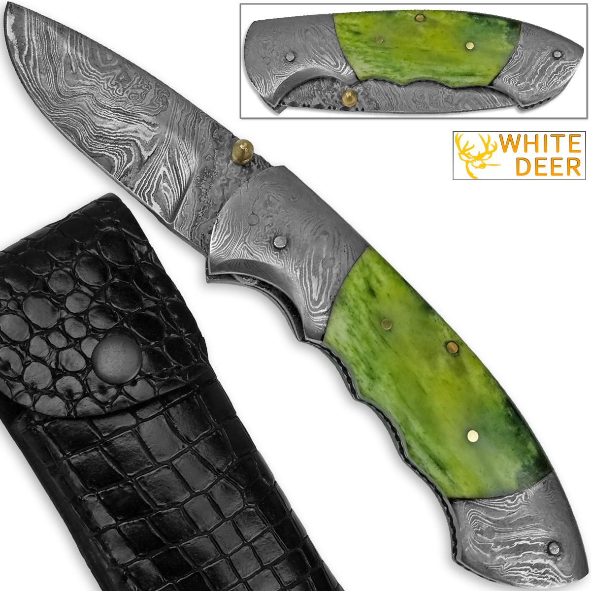 White Deer Folding Damascus Knife Green Colorized Camel Bone Grips