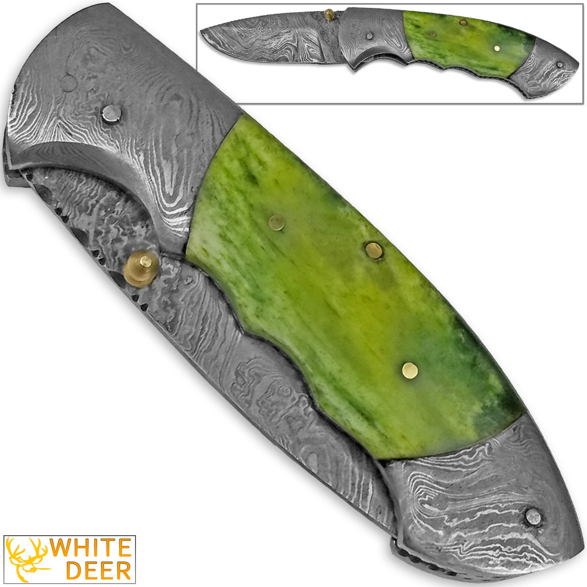 White Deer Folding Damascus Knife Green Colorized Camel Bone Grips