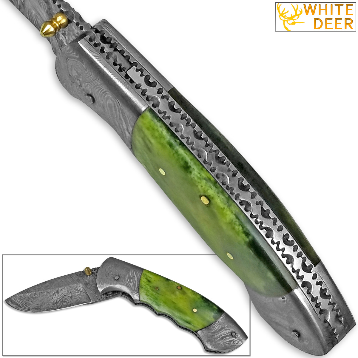 White Deer Folding Damascus Knife Green Colorized Camel Bone Grips
