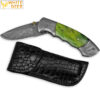 White Deer Folding Damascus Knife Green Colorized Camel Bone Grips