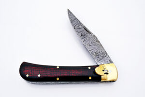 Hand Made Damascus Lever Lock Auto Knife With Frost Wood Handle