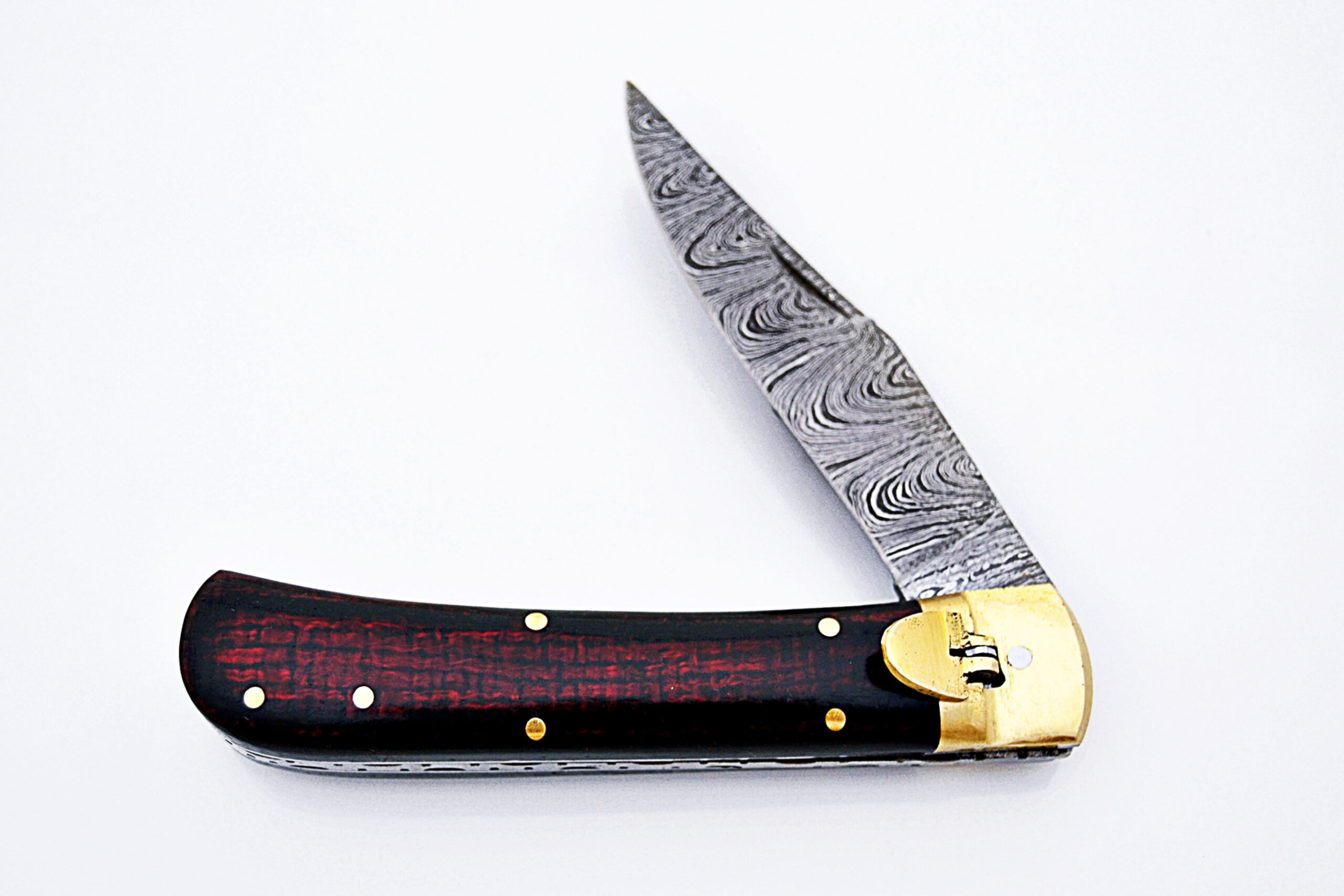 Hand Made Damascus Lever Lock Auto Knife With Frost Wood Handle