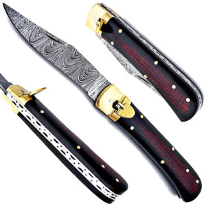 Hand Made Damascus Lever Lock Auto Knife With Frost Wood Handle