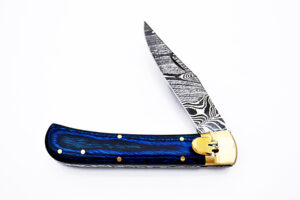Damascus Blue Lever Lock Auto Knife With Blue Frost Wood Handle
