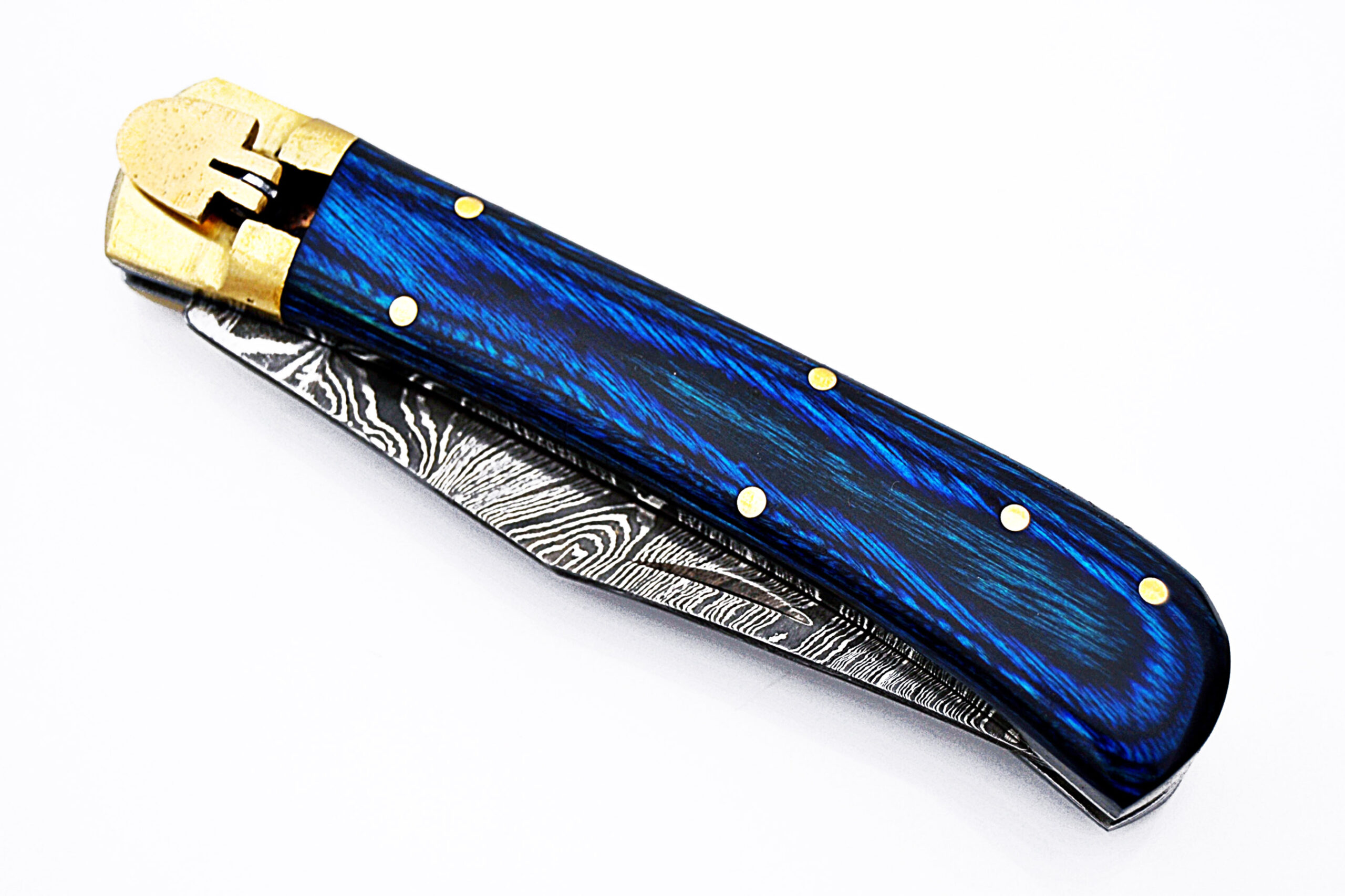 Damascus Blue Lever Lock Auto Knife With Blue Frost Wood Handle