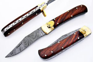 Coco Bolo Wood Handle Damascus  Lever Lock Auto Knife