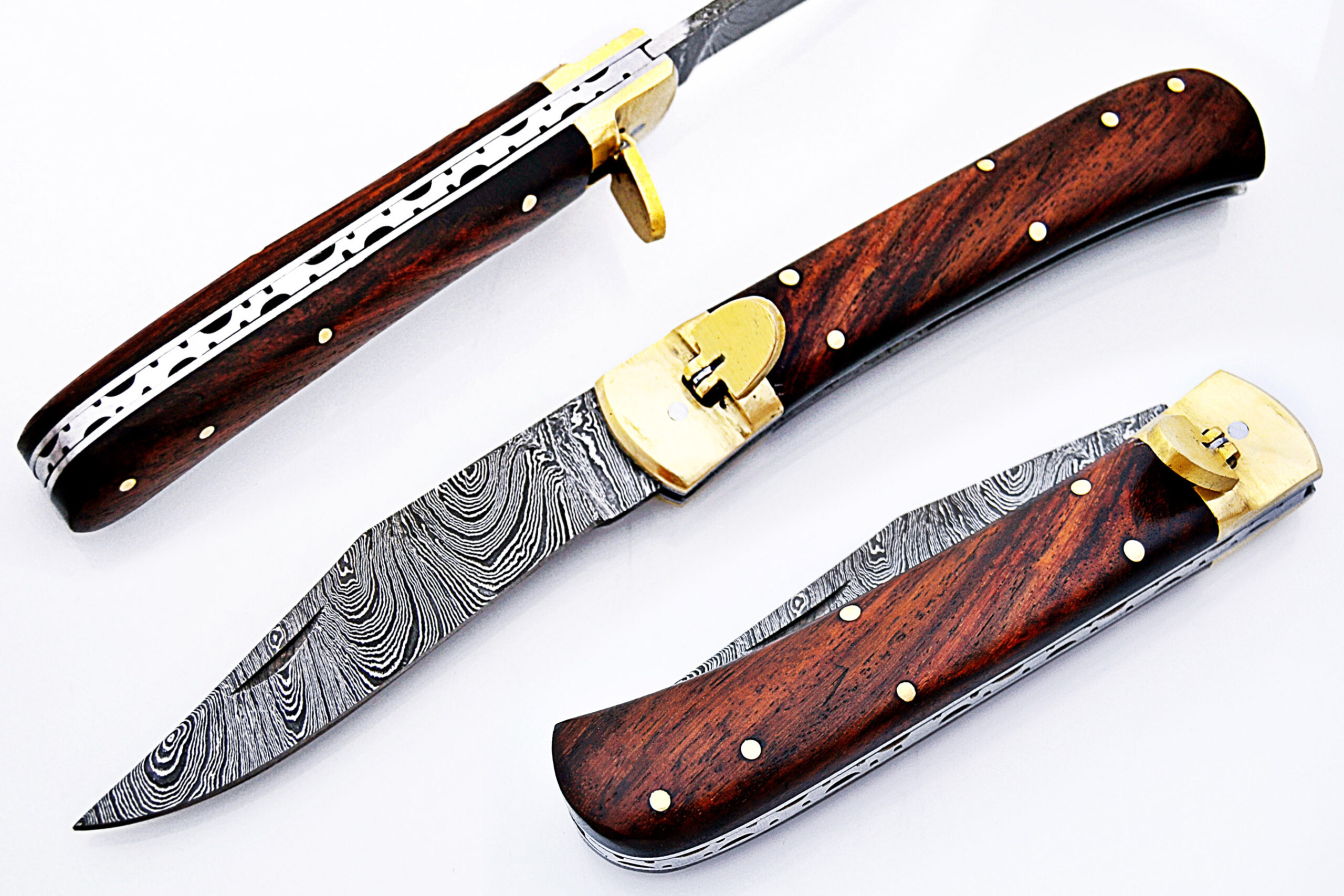 Coco Bolo Wood Handle Damascus  Lever Lock Auto Knife