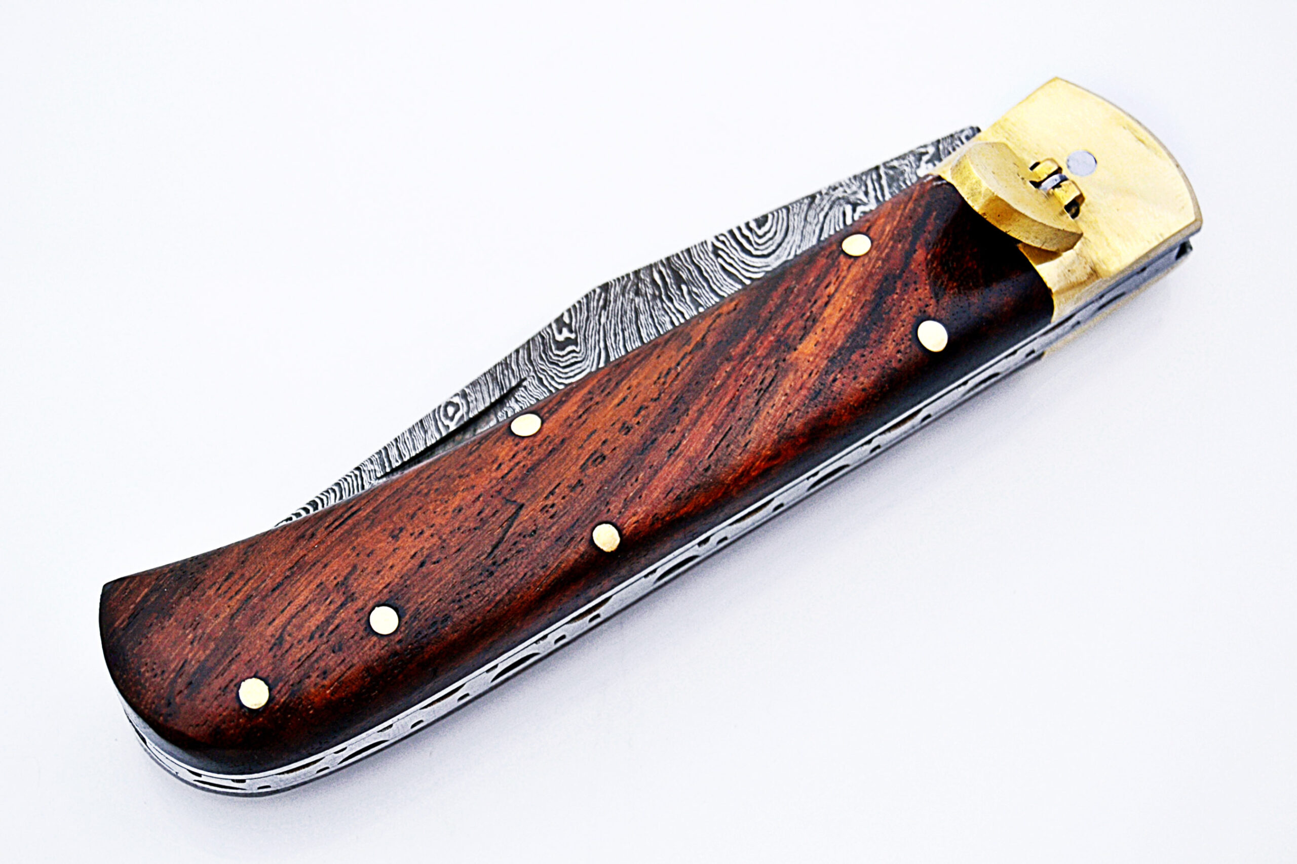 Coco Bolo Wood Handle Damascus  Lever Lock Auto Knife