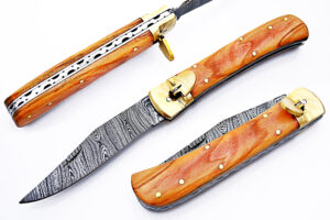 Olive Wood Handle Damascus  Lever Lock Auto Knife