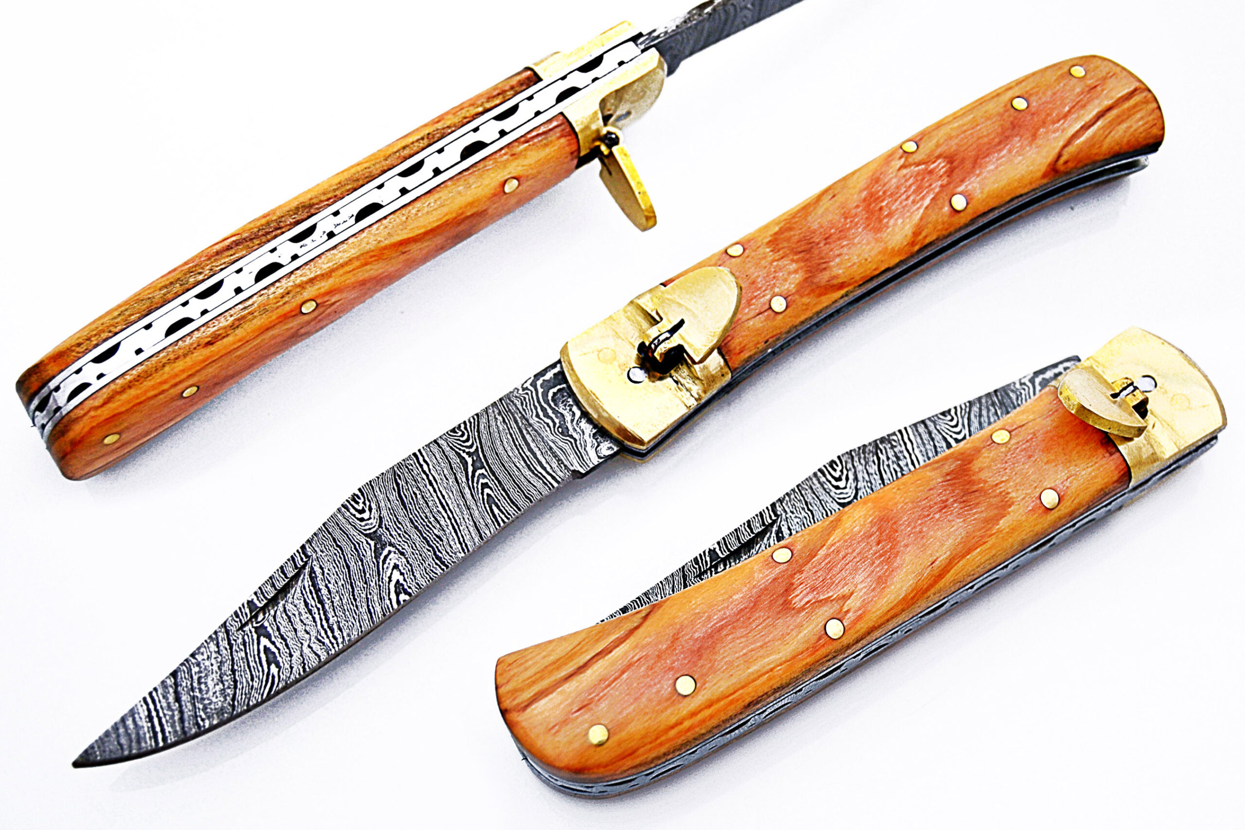 Olive Wood Handle Damascus  Lever Lock Auto Knife