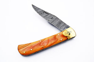 Olive Wood Handle Damascus  Lever Lock Auto Knife