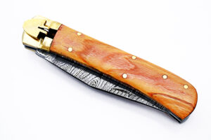 Olive Wood Handle Damascus  Lever Lock Auto Knife
