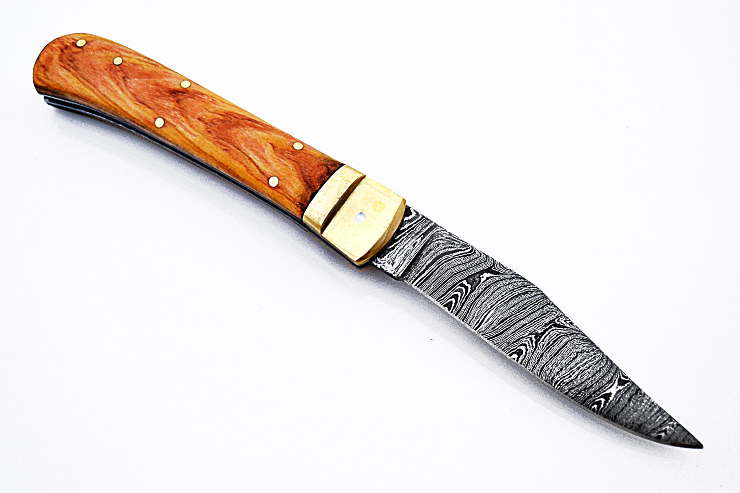 Olive Wood Handle Damascus  Lever Lock Auto Knife