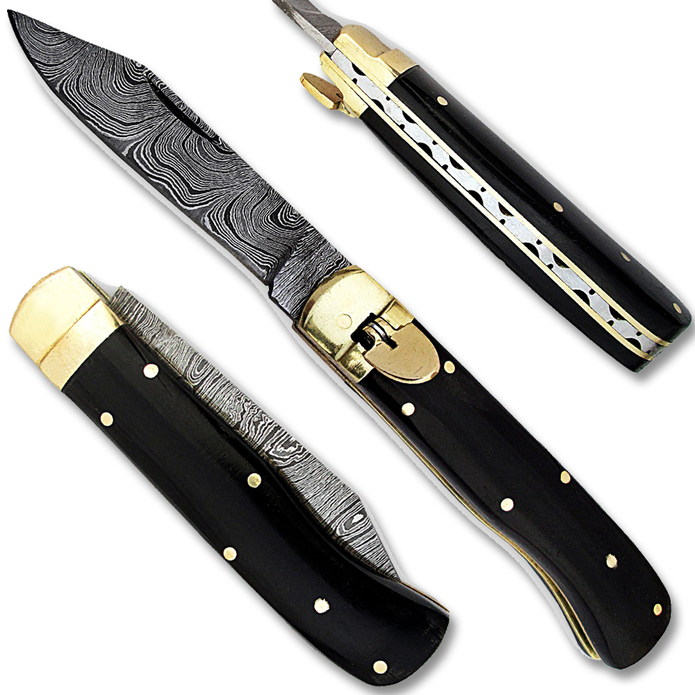 Custom Made Damascus  Lever Lock Auto Knife With Buffalo Horn Handle