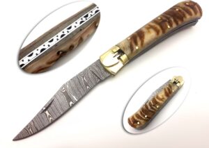 Custom  Hand Made Ram Handle Damascus  Lever Lock Auto Knife