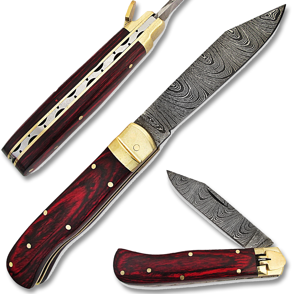 Custom Made Damascus Lever Lock Auto Knife With Frost Wood Handle