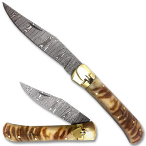 Custom  Hand Made Ram Handle Damascus  Lever Lock Auto Knife