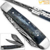 White Deer Master Trapper Damascus Knife Blue Giraffe Bone Folding Dual Blade