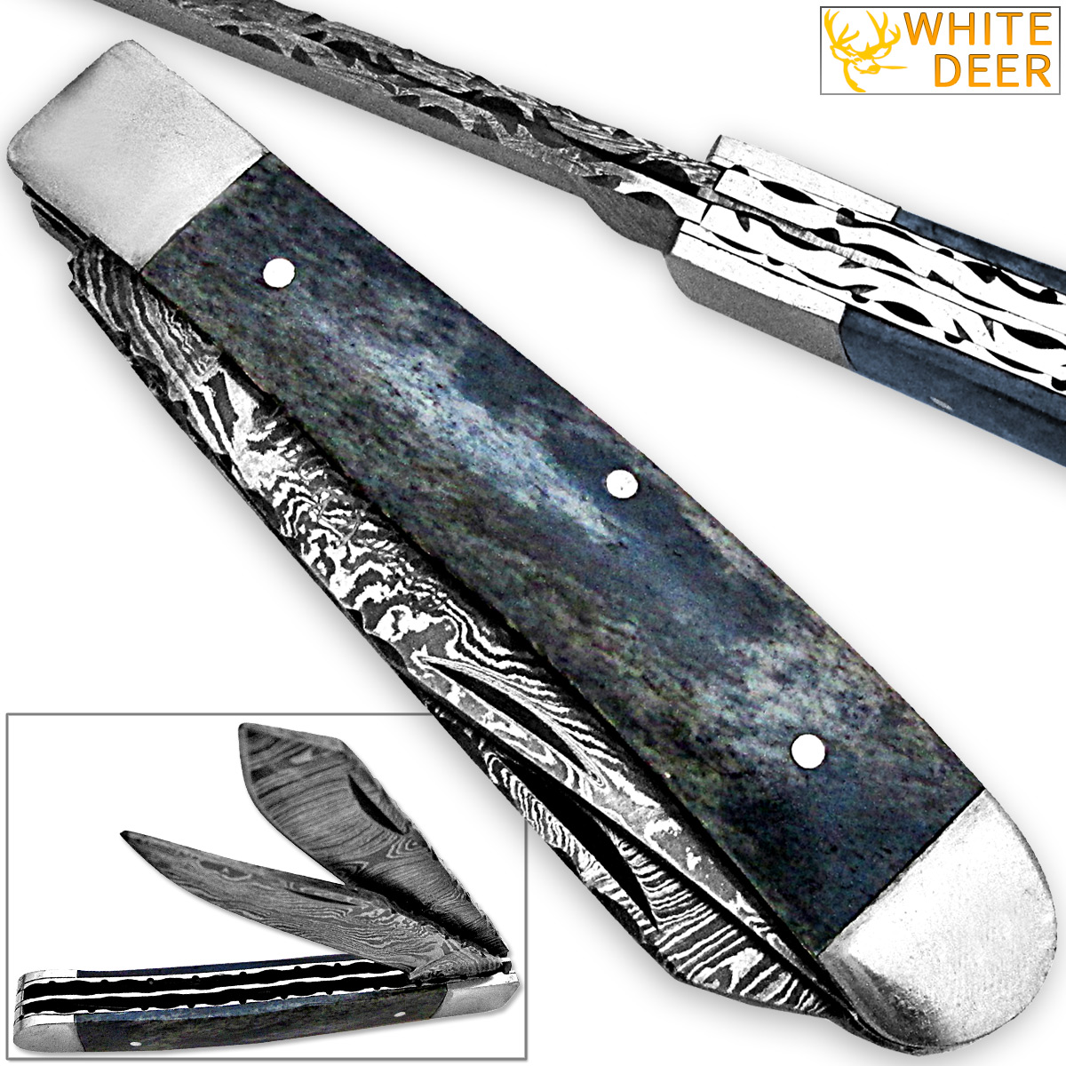 White Deer Master Trapper Damascus Knife Blue Giraffe Bone Folding Dual Blade