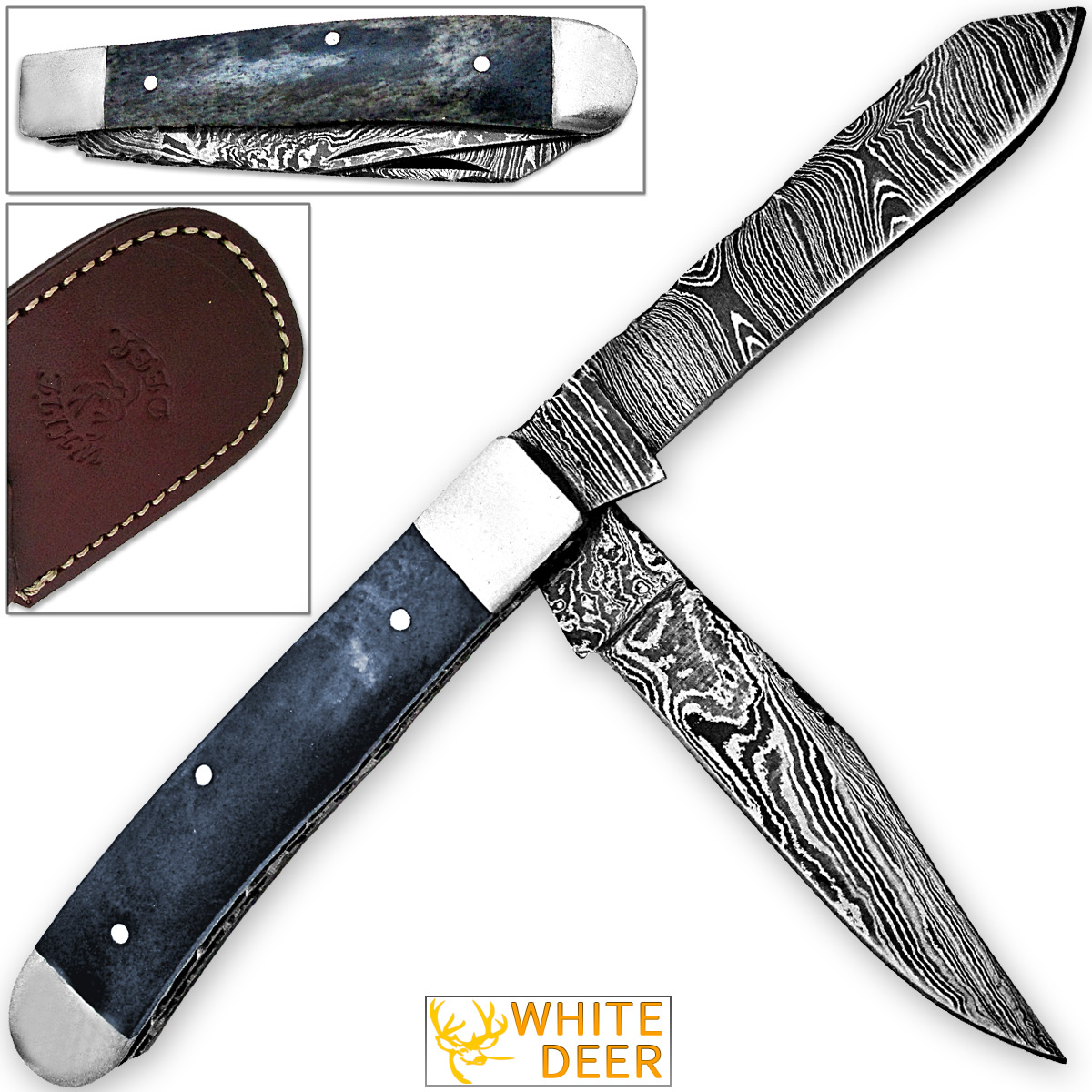 White Deer Master Trapper Damascus Knife Blue Giraffe Bone Folding Dual Blade