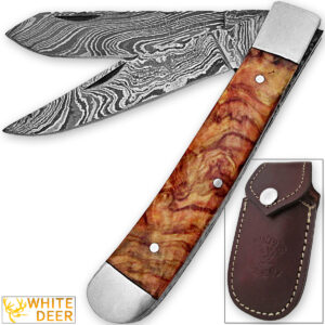 White Deer Master Trapper Damascus Knife Olive Wood Folding Dual Blade