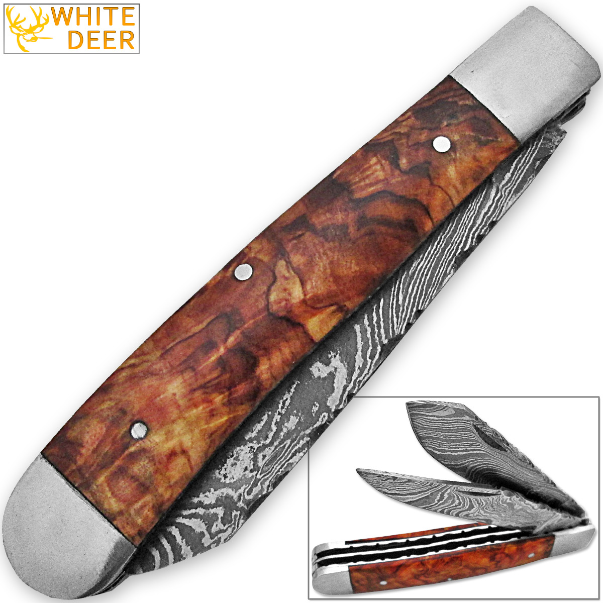 White Deer Master Trapper Damascus Knife Olive Wood Folding Dual Blade