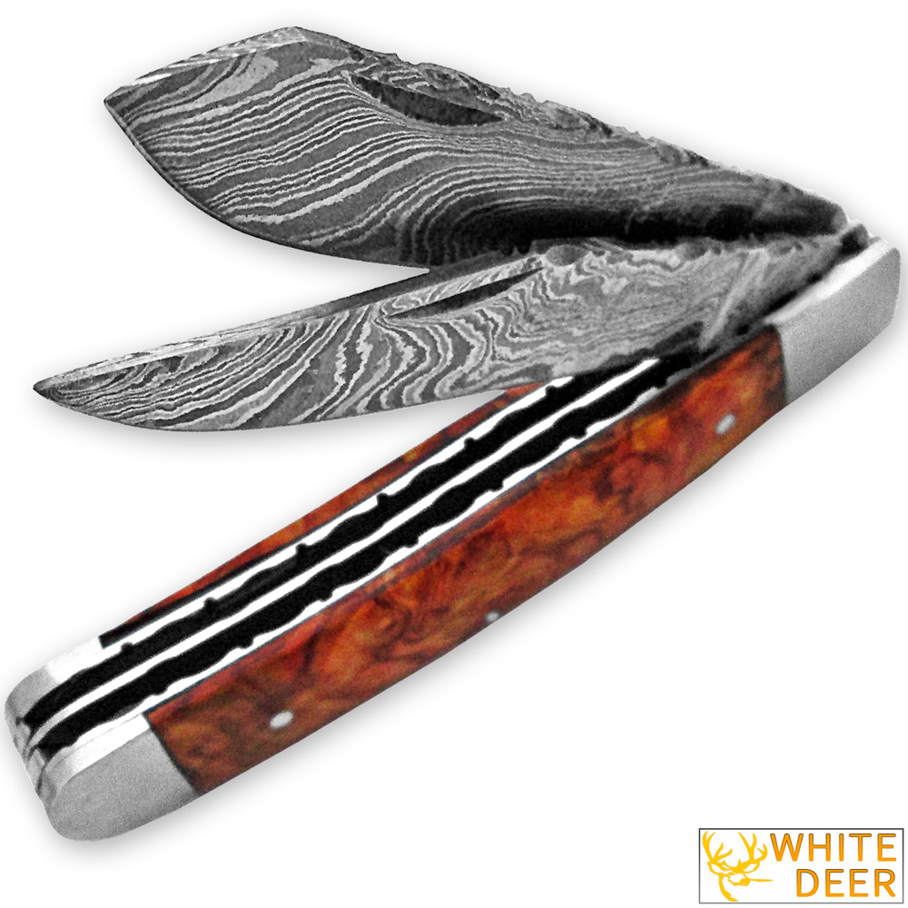White Deer Master Trapper Damascus Knife Olive Wood Folding Dual Blade