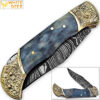 WHITE DEER Lockback Damascus Folding Knife Grey Giraffe Bone Handle Engraved Bolster