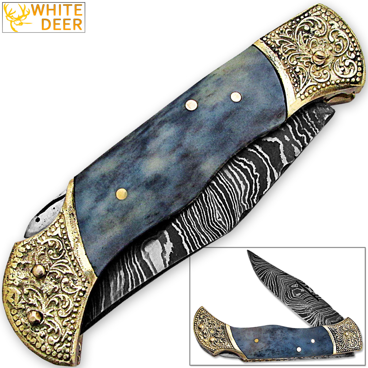 WHITE DEER Lockback Damascus Folding Knife Grey Giraffe Bone Handle Engraved Bolster