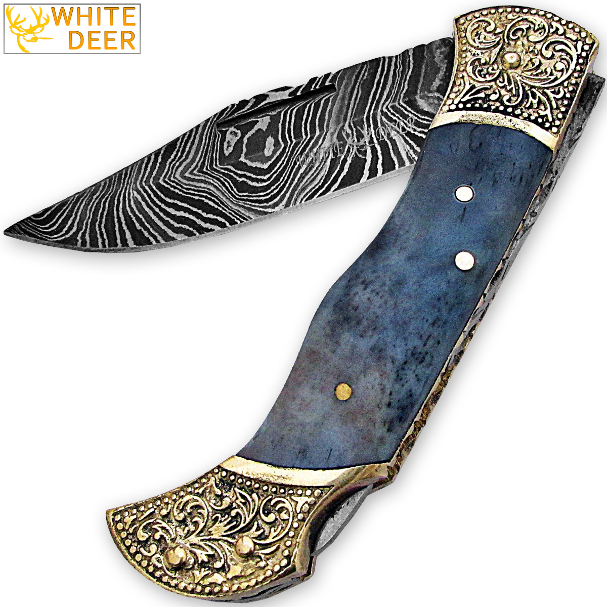 WHITE DEER Lockback Damascus Folding Knife Grey Giraffe Bone Handle Engraved Bolster