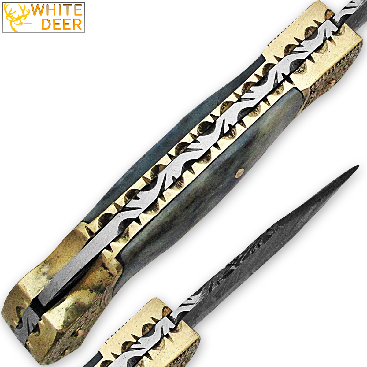 WHITE DEER Lockback Damascus Folding Knife Grey Giraffe Bone Handle Engraved Bolster