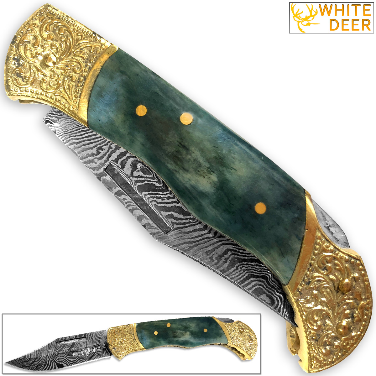WHITE DEER Lockback Damascus Folding Knife Giraffe Bone Handle Engraved Bolster